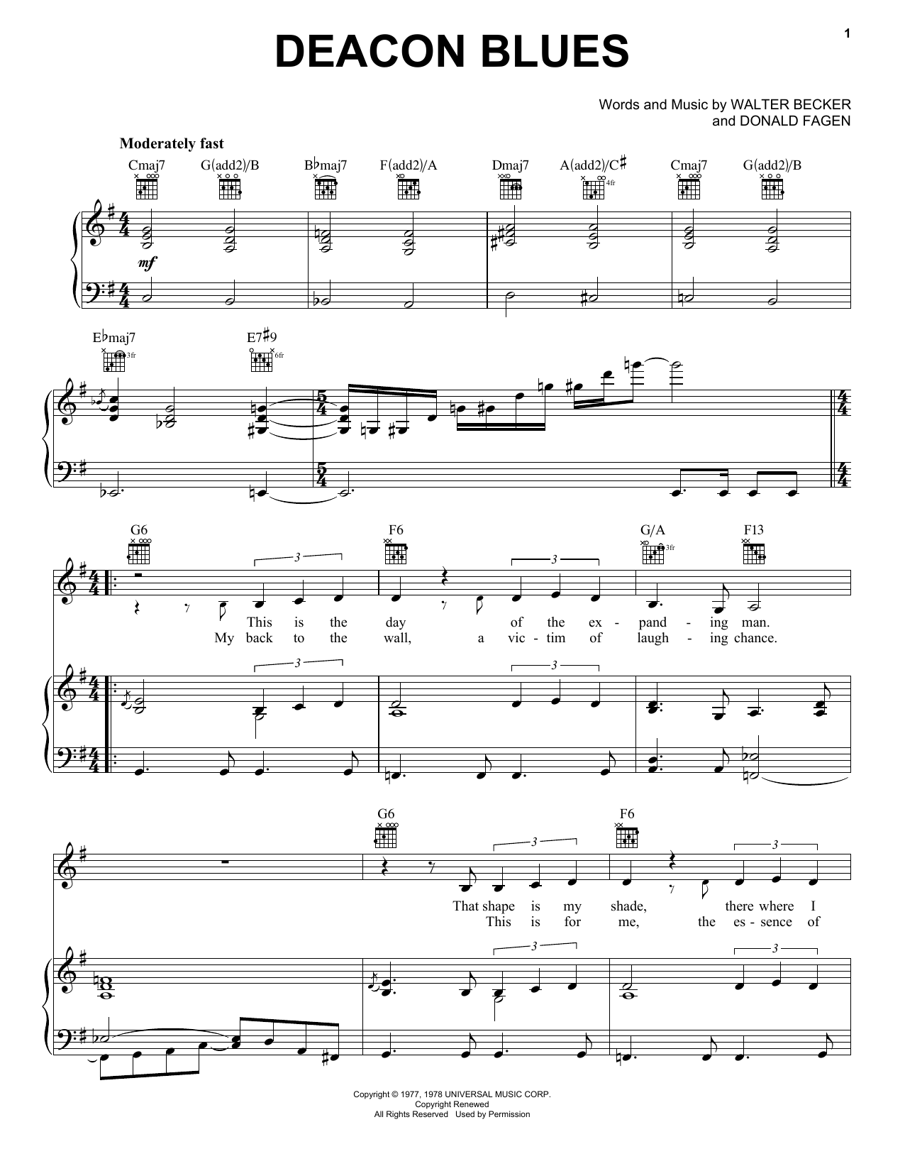 Steely Dan Deacon Blues sheet music preview music notes and score for Piano, Vocal & Guitar (Right-Hand Melody) including 7 page(s)