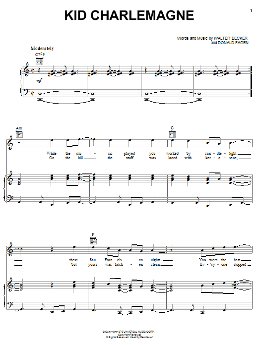 Steely Dan Kid Charlemagne sheet music preview music notes and score for Piano, Vocal & Guitar (Right-Hand Melody) including 6 page(s)