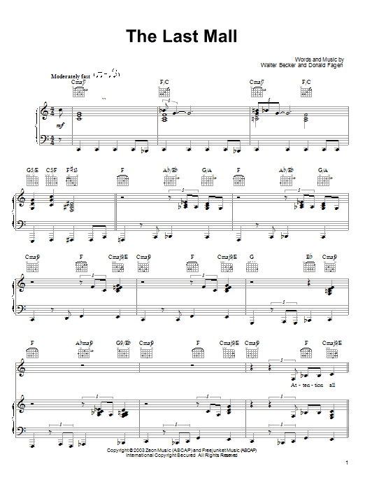 Learn to play Steely Dan The Last Mall sheet music for Piano, Vocal & Guitar (Right-Hand Melody) in minutes. Steely Dan The Last Mall sheet music preview music notes and score for Piano, Vocal & Guitar (Right-Hand Melody) including 7 page(s)