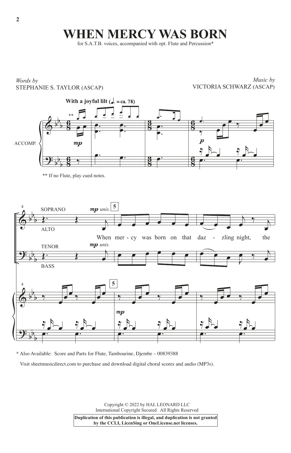 Stephanie S. Taylor and Victoria Schwartz When Mercy Was Born sheet music, chords, lyrics - Printable PDF for SATB Choir