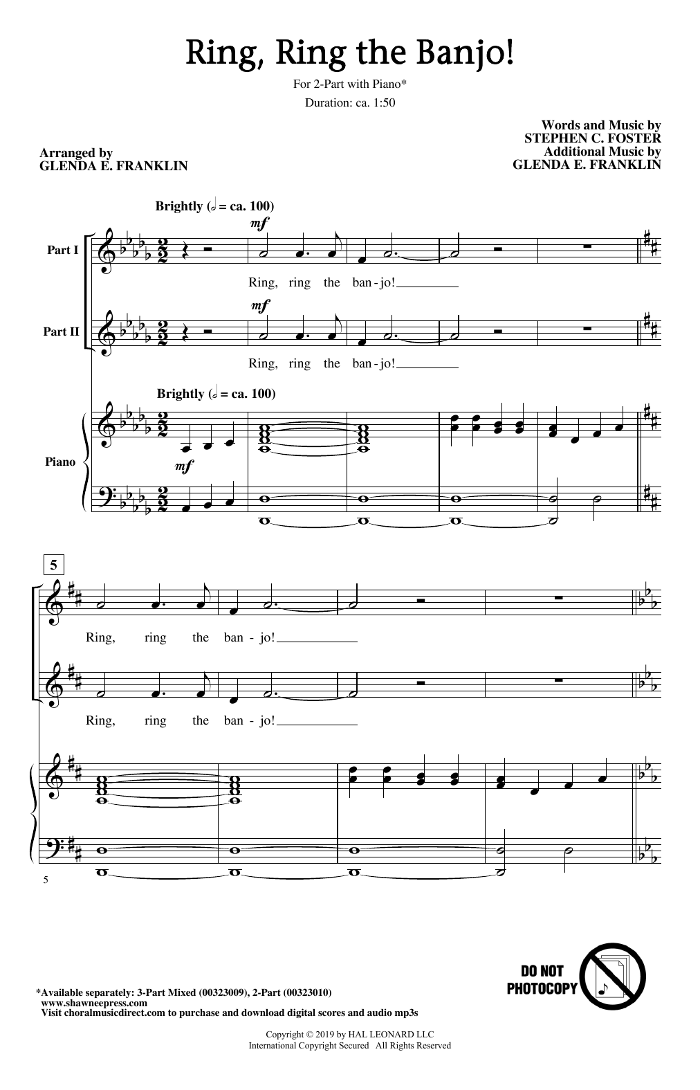 Stephen C. Foster Ring, Ring The Banjo! (arr. Glenda E. Franklin) sheet music, chords, lyrics - Printable PDF for 3-Part Mixed Choir