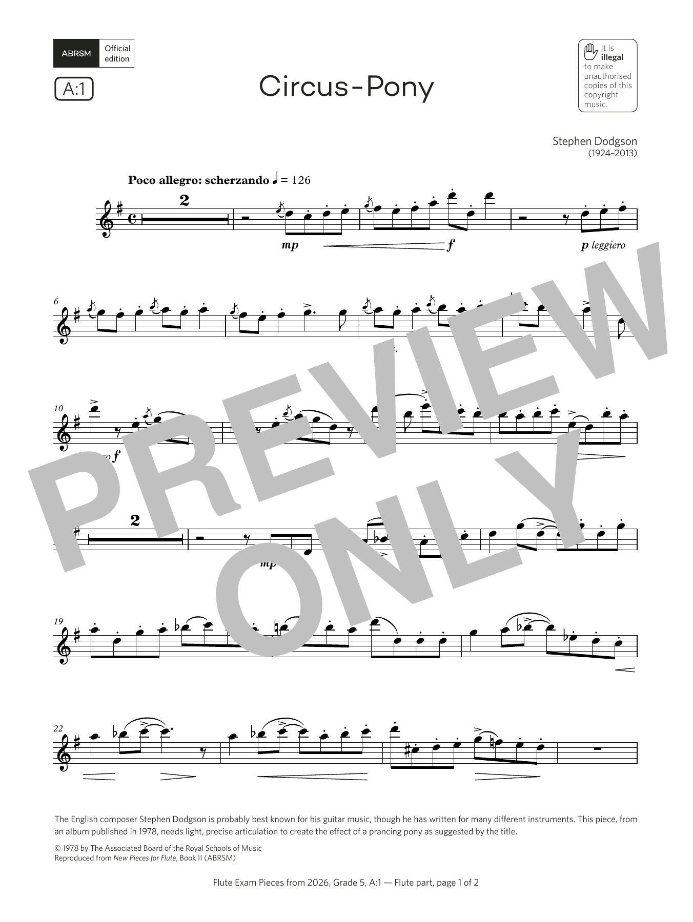Stephen Dodgson Circus-Pony (Grade 5, list A1, from the ABRSM Flute Syllabus from 2026) sheet music, chords, lyrics - Printable PDF for Flute Solo