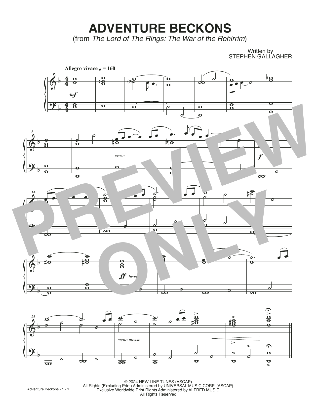 Stephen Gallagher Adventure Beckons (from The Lord Of The Rings: The War Of The Rohirrim) sheet music, chords, lyrics - Printable PDF for Piano Solo
