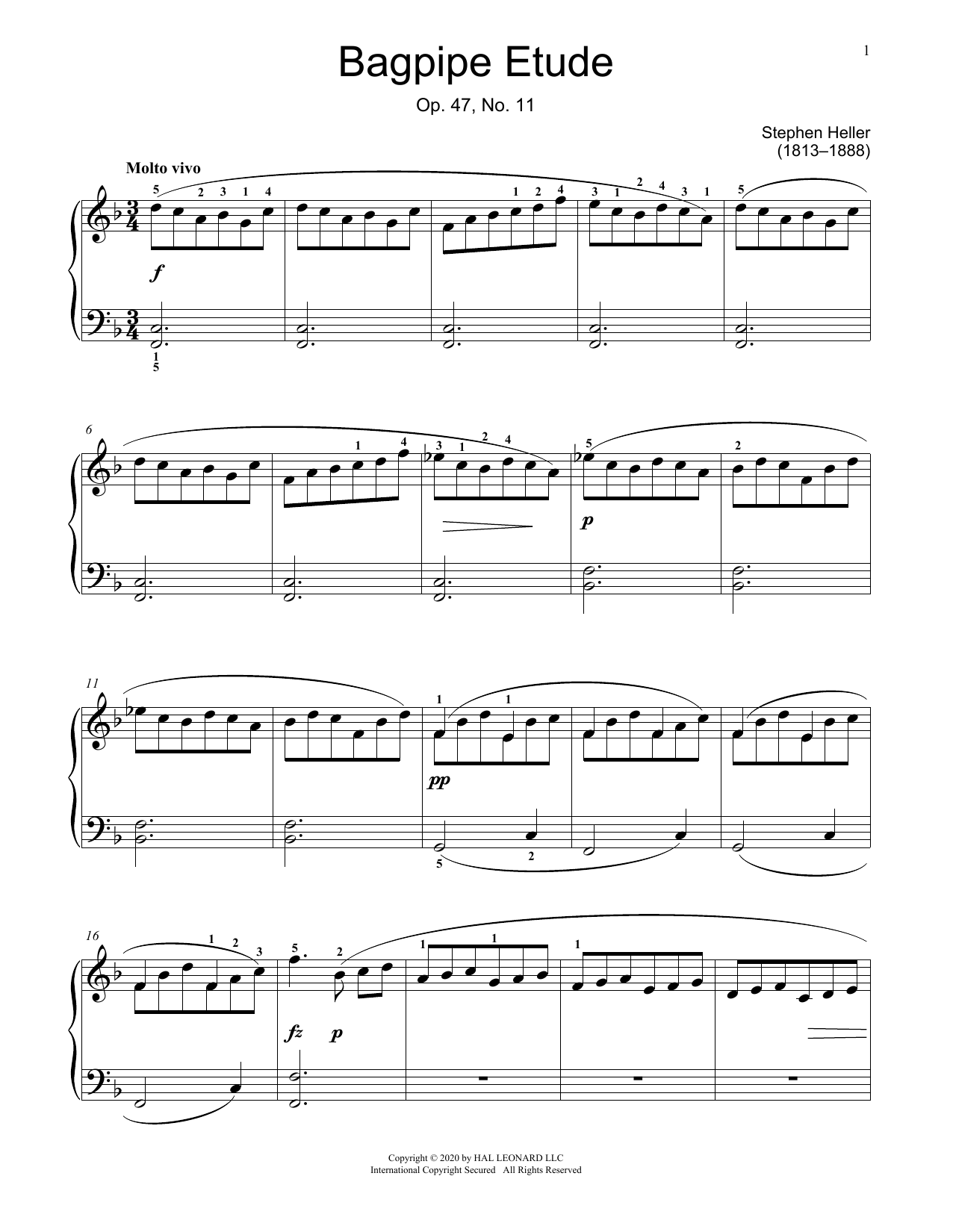 Stephen Heller Bagpipe Etude, Op. 47, No. 11 sheet music, chords, lyrics - Printable PDF for Educational Piano