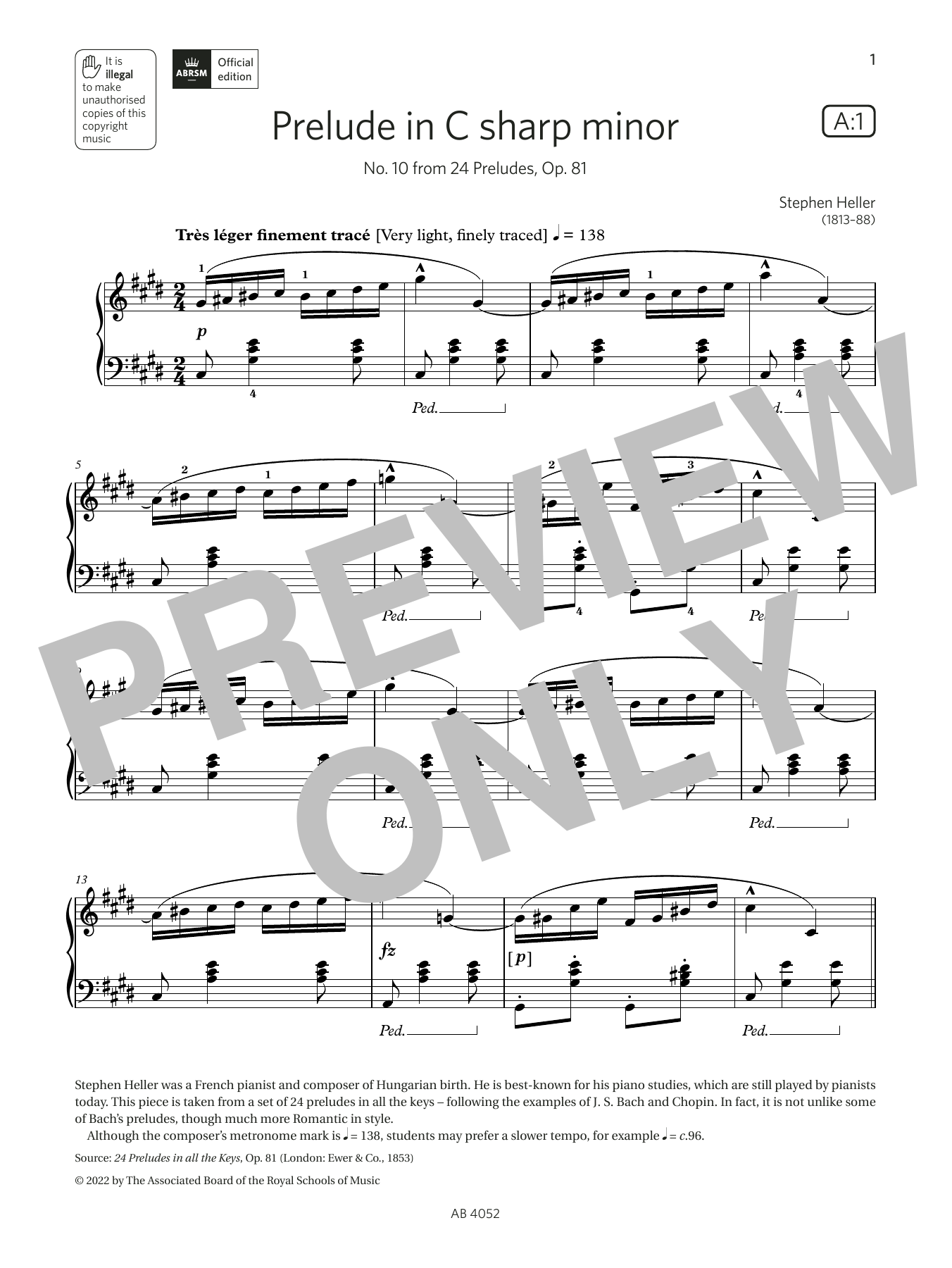 Stephen Heller Prelude in C sharp minor (Grade 6, list A1, from the ABRSM Piano Syllabus 2023 & 2024) sheet music, chords, lyrics - Printable PDF for Piano Solo