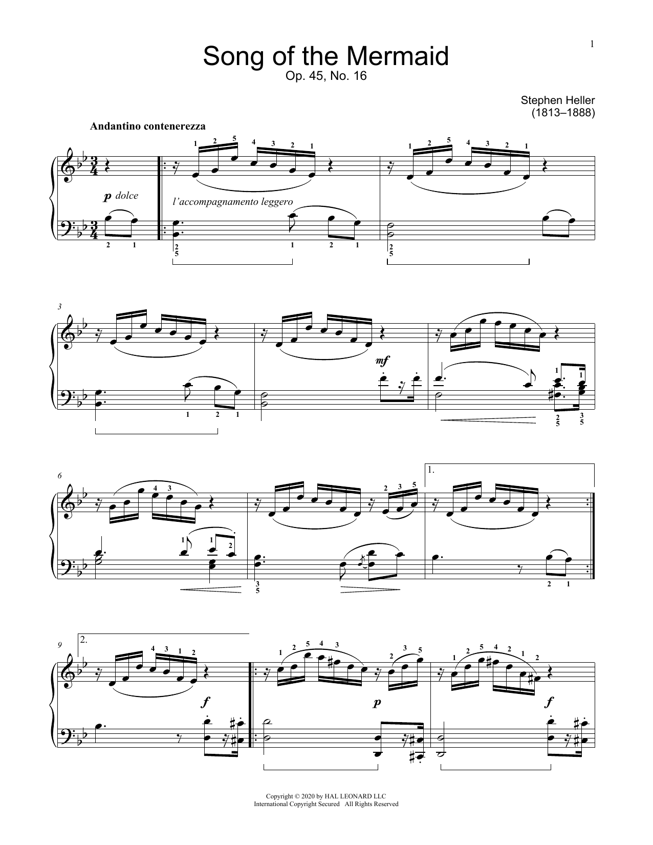 Stephen Heller Song Of The Mermaid, Op. 45, No. 1 sheet music, chords, lyrics - Printable PDF for Educational Piano