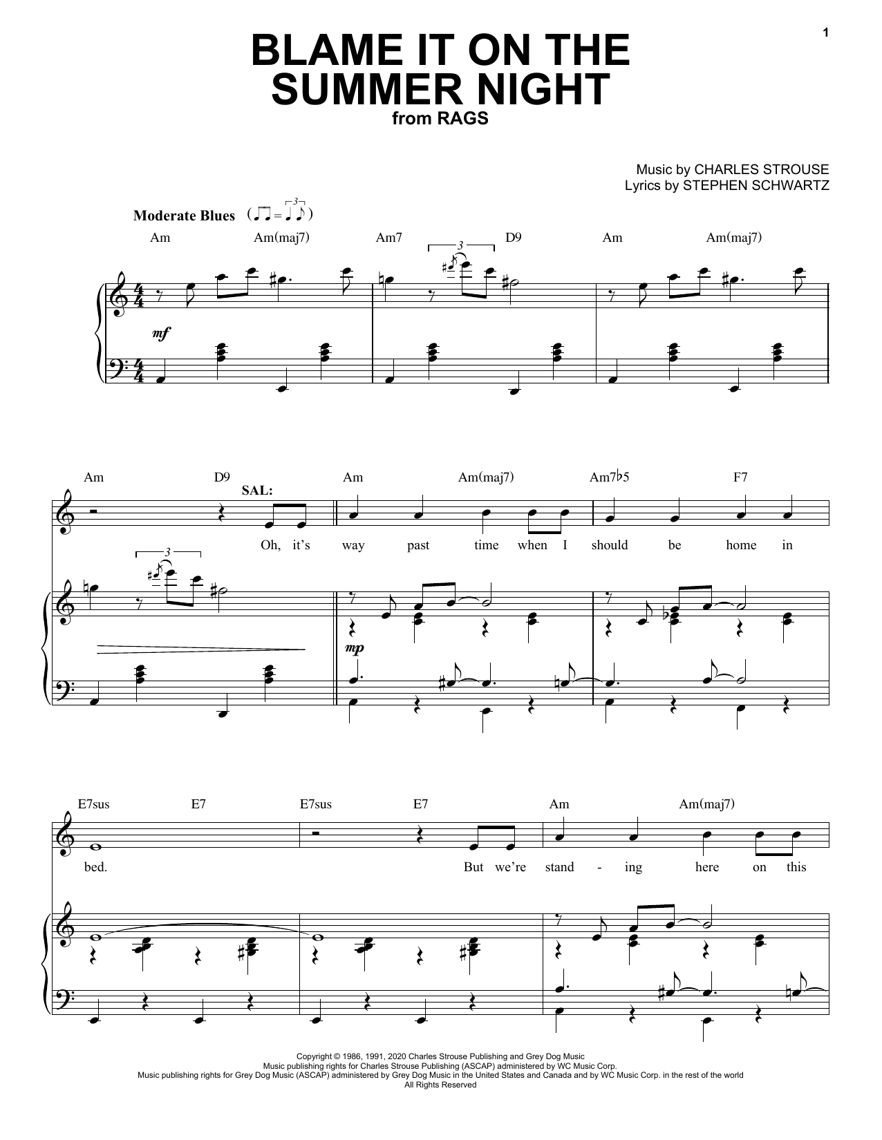 Stephen Schwartz & Charles Strouse Blame It On The Summer Night (from Rags: The Musical) sheet music, chords, lyrics - Printable PDF for Piano & Vocal