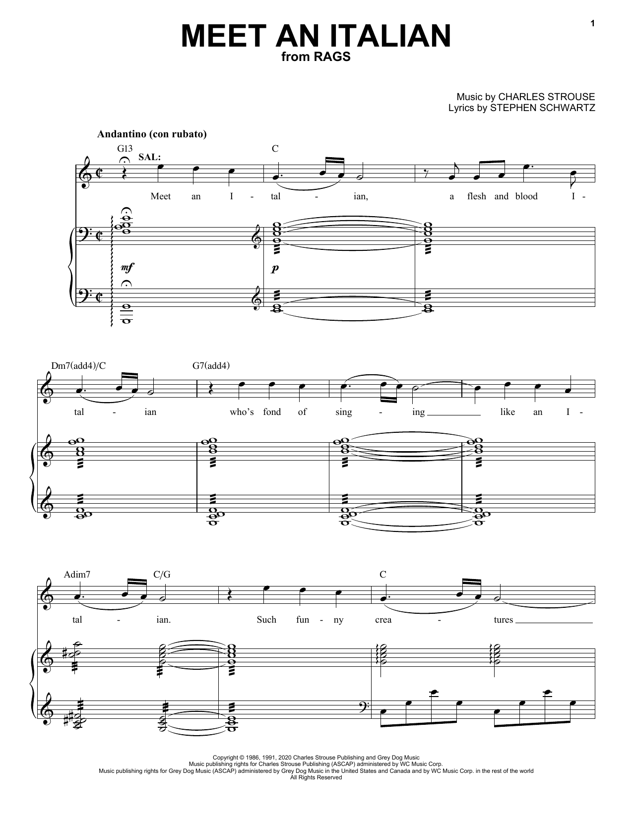 Stephen Schwartz & Charles Strouse Meet An Italian (from Rags: The Musical) sheet music, chords, lyrics - Printable PDF for Piano & Vocal