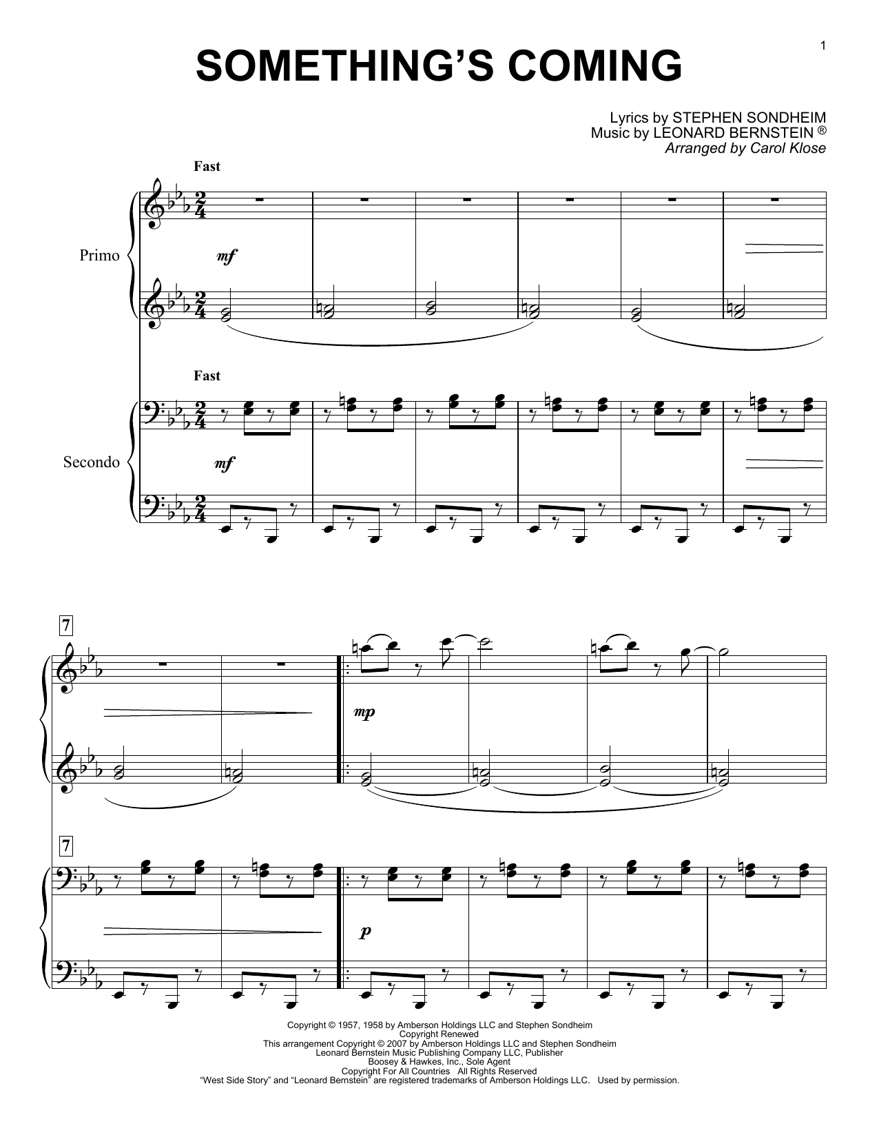 Stephen Sondheim & Leonard Bernstein Something's Coming (from West Side Story) (arr. Carol Klose) sheet music, chords, lyrics - Printable PDF for Piano Duet
