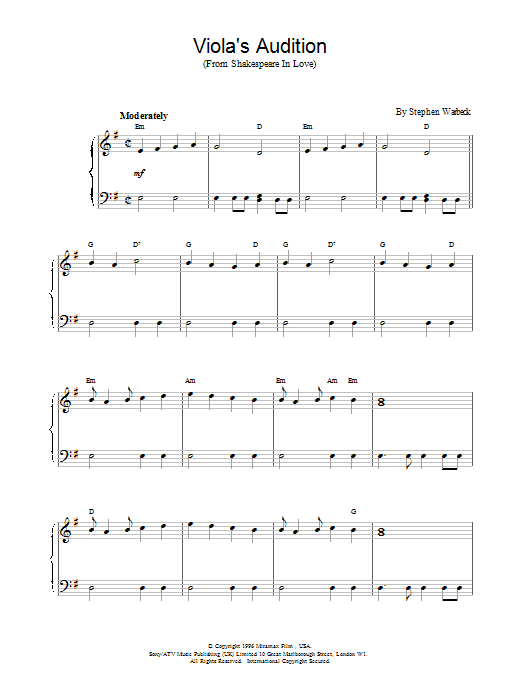 Download Stephen Warbeck Viola's Audition (from Shakespeare In Love) sheet music notes and chords for Piano - Download Printable PDF and start playing in minutes.