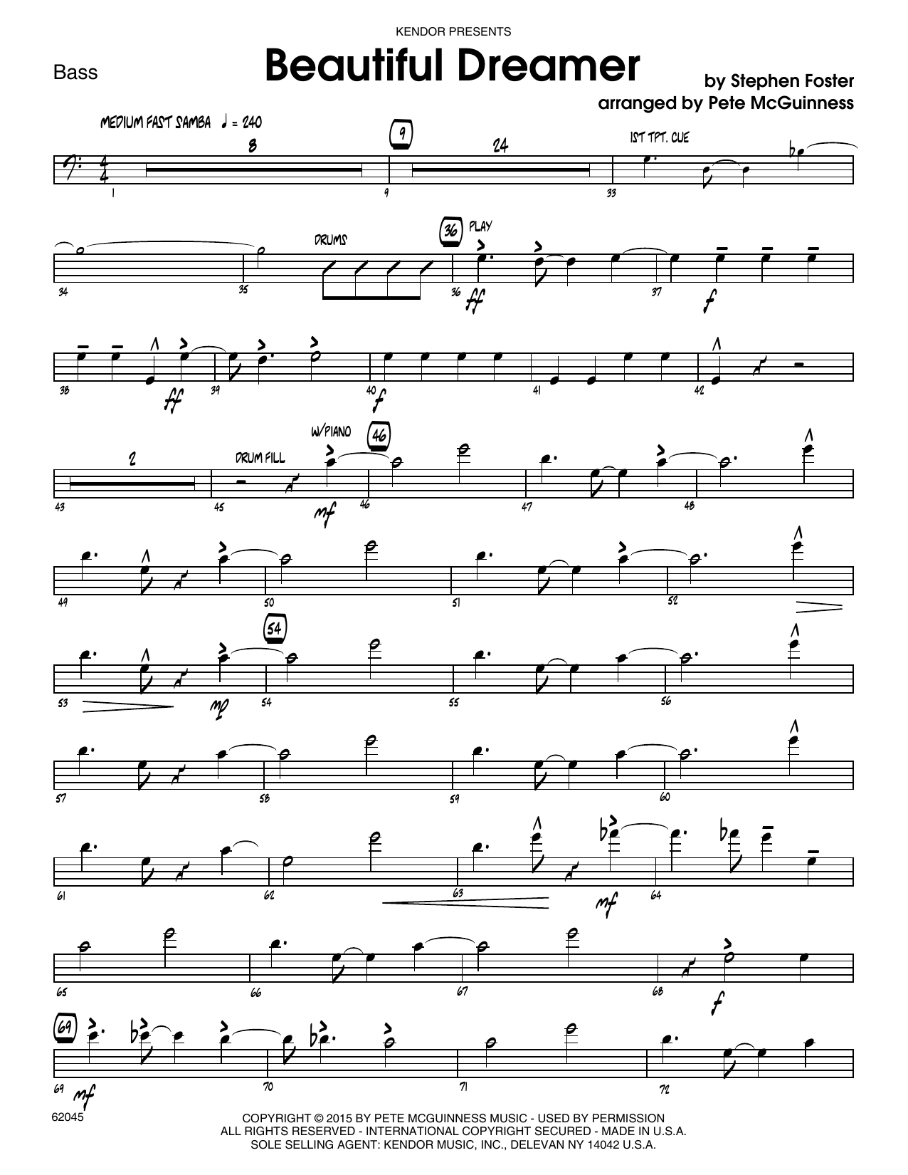 Stephen Foster Beautiful Dreamer - Bass sheet music preview music notes and score for Jazz Ensemble including 7 page(s)