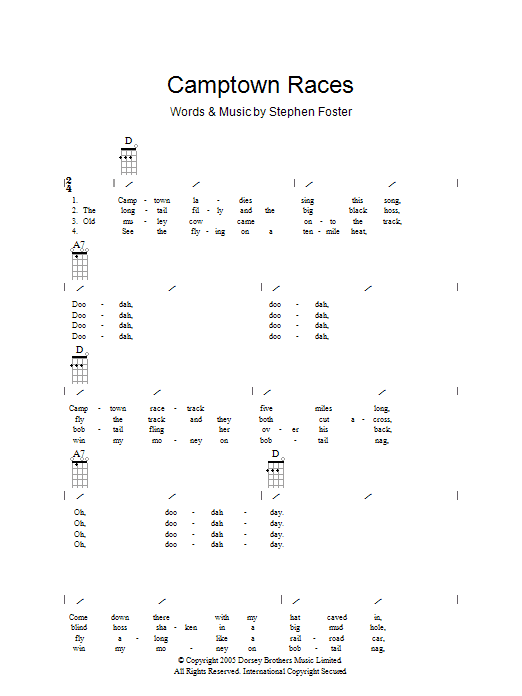 Learn to play Traditional The Camptown Races sheet music for Ukulele with strumming patterns in minutes. Traditional The Camptown Races sheet music preview music notes and score for Ukulele with strumming patterns including 2 page(s)