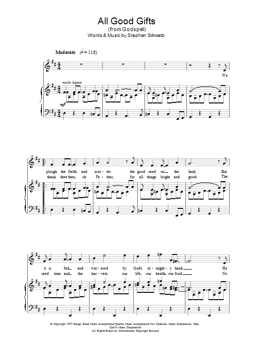 Stephen Schwartz All Good Gifts (from Godspell) sheet music preview music notes and score for Piano & Vocal including 4 page(s)