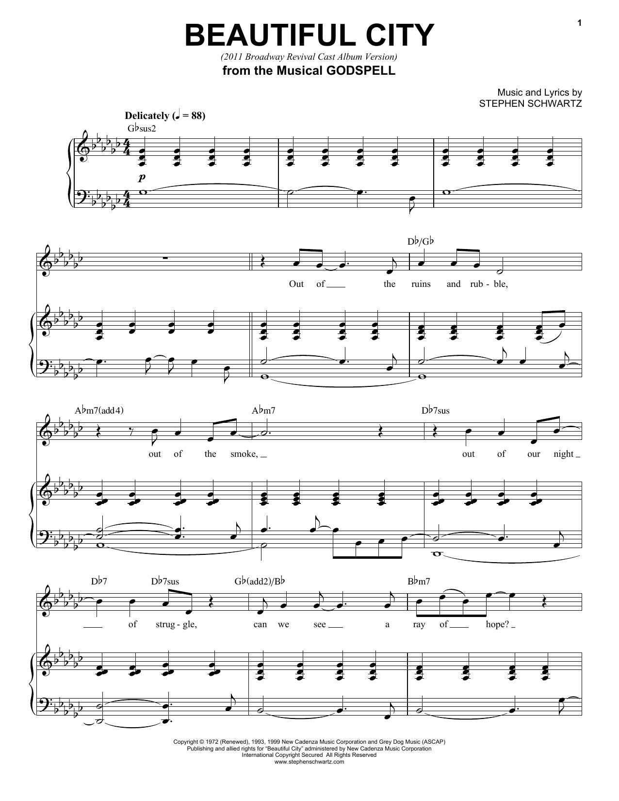 Learn to play Stephen Schwartz Beautiful City (2011 Broadway Revival Cast Album Version) sheet music for Piano, Vocal & Guitar (Right-Hand Melody) in minutes. Stephen Schwartz Beautiful City (2011 Broadway Revival Cast Album Version) sheet music preview music notes and score for Piano, Vocal & Guitar (Right-Hand Melody) including 6 page(s)