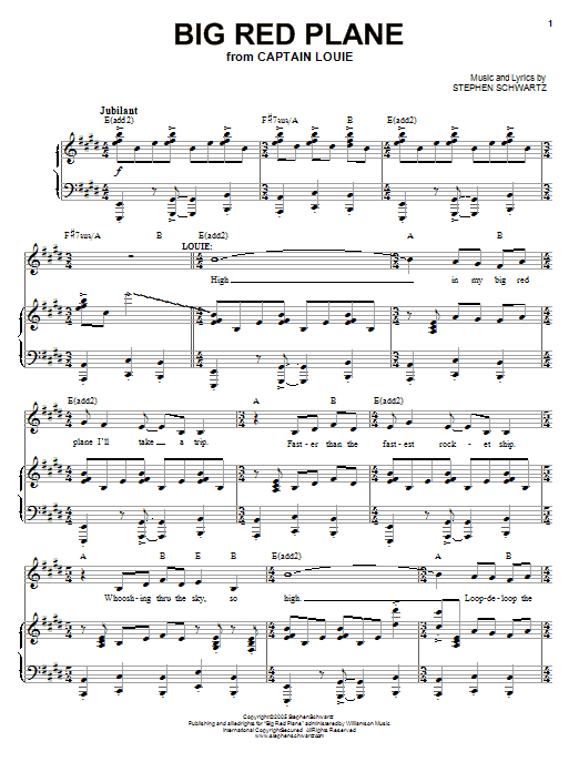 Learn to play Stephen Schwartz Big Red Plane sheet music for Piano, Vocal & Guitar (Right-Hand Melody) in minutes. Stephen Schwartz Big Red Plane sheet music preview music notes and score for Piano, Vocal & Guitar (Right-Hand Melody) including 8 page(s)