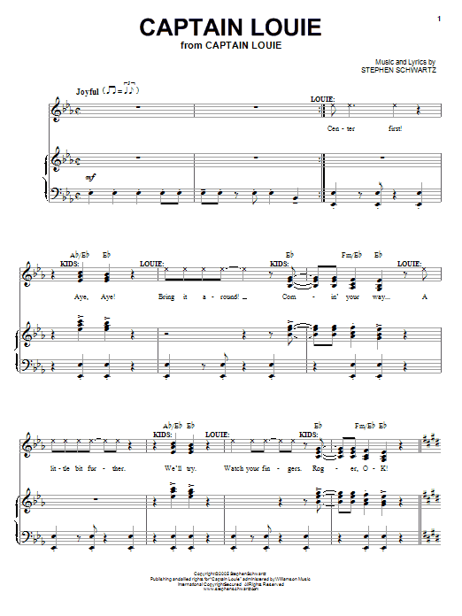 Learn to play Stephen Schwartz Captain Louie sheet music for Piano, Vocal & Guitar (Right-Hand Melody) in minutes. Stephen Schwartz Captain Louie sheet music preview music notes and score for Piano, Vocal & Guitar (Right-Hand Melody) including 12 page(s)