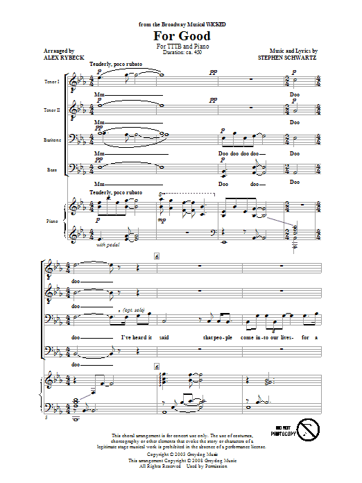 Learn to play Stephen Schwartz For Good (from Wicked) (arr. Alex Rybeck) sheet music for TTBB in minutes. Stephen Schwartz For Good (from Wicked) (arr. Alex Rybeck) sheet music preview music notes and score for TTBB including 14 page(s)
