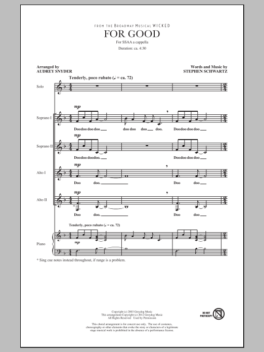 Learn to play Audrey Snyder For Good sheet music for SSA in minutes. Audrey Snyder For Good sheet music preview music notes and score for SSA including 15 page(s)
