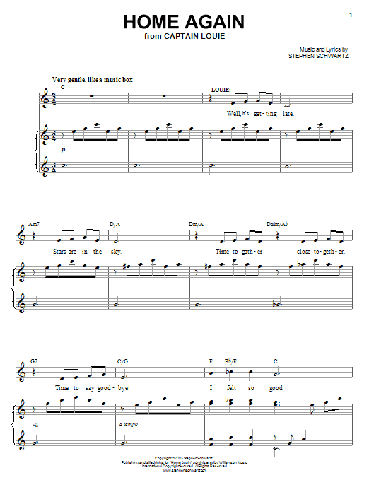 Learn to play Stephen Schwartz Home Again sheet music for Piano, Vocal & Guitar (Right-Hand Melody) in minutes. Stephen Schwartz Home Again sheet music preview music notes and score for Piano, Vocal & Guitar (Right-Hand Melody) including 4 page(s)