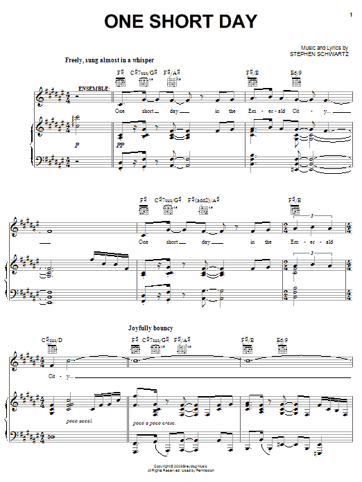Learn to play Stephen Schwartz One Short Day sheet music for Easy Piano in minutes. Stephen Schwartz One Short Day sheet music preview music notes and score for Easy Piano including 7 page(s)