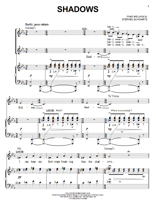 Learn to play Stephen Schwartz Shadows sheet music for Piano, Vocal & Guitar (Right-Hand Melody) in minutes. Stephen Schwartz Shadows sheet music preview music notes and score for Piano, Vocal & Guitar (Right-Hand Melody) including 7 page(s)