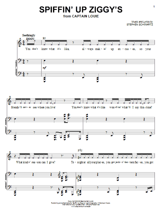 Learn to play Stephen Schwartz Spiffin' Up Ziggy's sheet music for Piano, Vocal & Guitar (Right-Hand Melody) in minutes. Stephen Schwartz Spiffin' Up Ziggy's sheet music preview music notes and score for Piano, Vocal & Guitar (Right-Hand Melody) including 10 page(s)