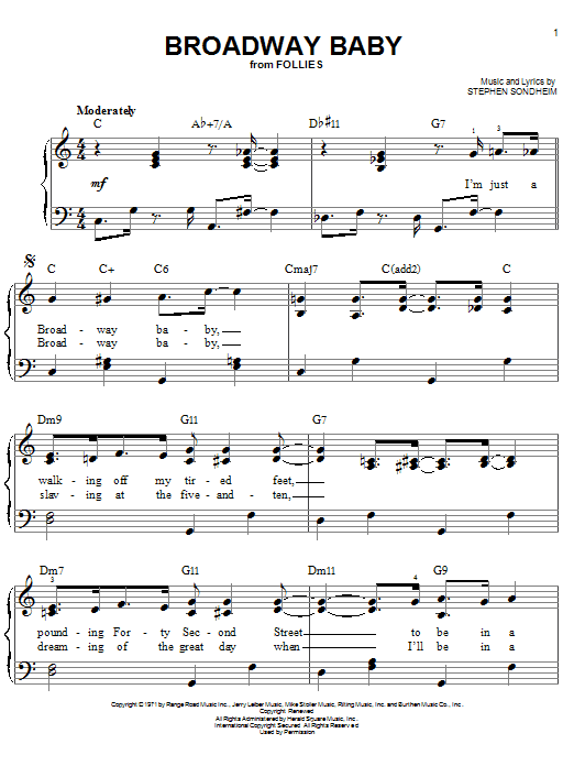Learn to play Stephen Sondheim Broadway Baby sheet music for Easy Piano in minutes. Stephen Sondheim Broadway Baby sheet music preview music notes and score for Easy Piano including 5 page(s)