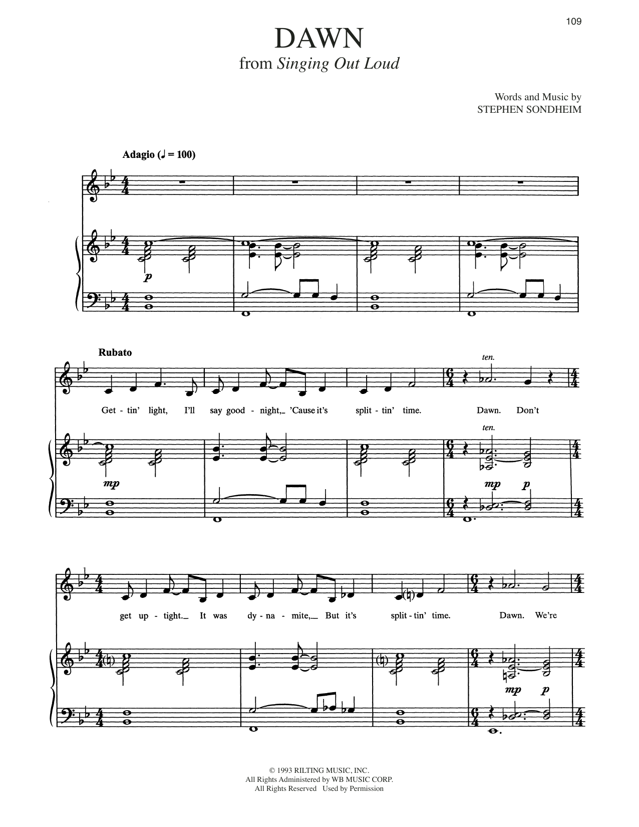 Learn to play Stephen Sondheim Dawn sheet music for Piano & Vocal in minutes. Stephen Sondheim Dawn sheet music preview music notes and score for Piano & Vocal including 11 page(s)