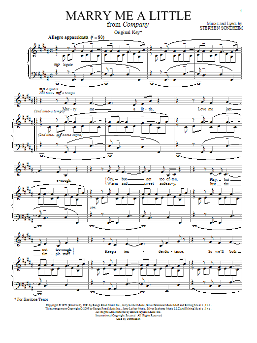 Stephen Sondheim Marry Me A Little sheet music preview music notes and score for Piano, Vocal & Guitar (Right-Hand Melody) including 7 page(s)