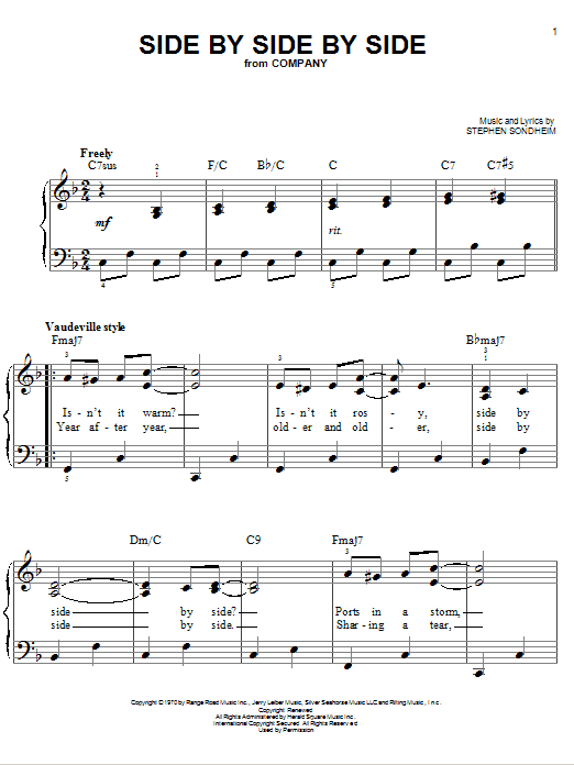 Learn to play Stephen Sondheim Side By Side By Side sheet music for Easy Piano in minutes. Stephen Sondheim Side By Side By Side sheet music preview music notes and score for Easy Piano including 10 page(s)
