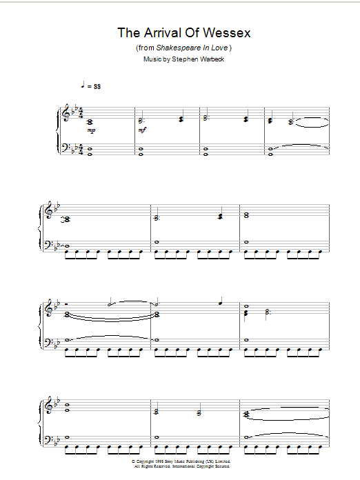 Stephen Warbeck The Arrival Of Wessex (from Shakespeare In Love) sheet music preview music notes and score for Piano including 2 page(s)