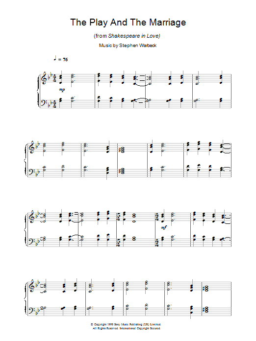 Stephen Warbeck The Play And The Marriage (from Shakespeare In Love) sheet music preview music notes and score for Piano including 2 page(s)