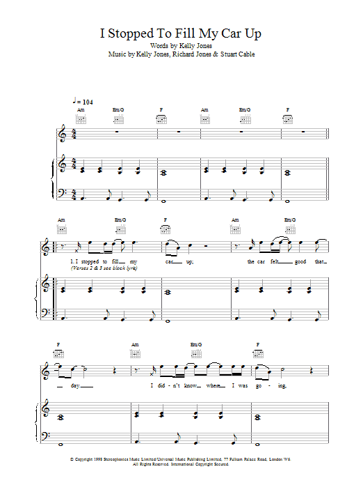 Stereophonics I Stopped To Fill My Car Up sheet music preview music notes and score for Piano, Vocal & Guitar including 3 page(s)