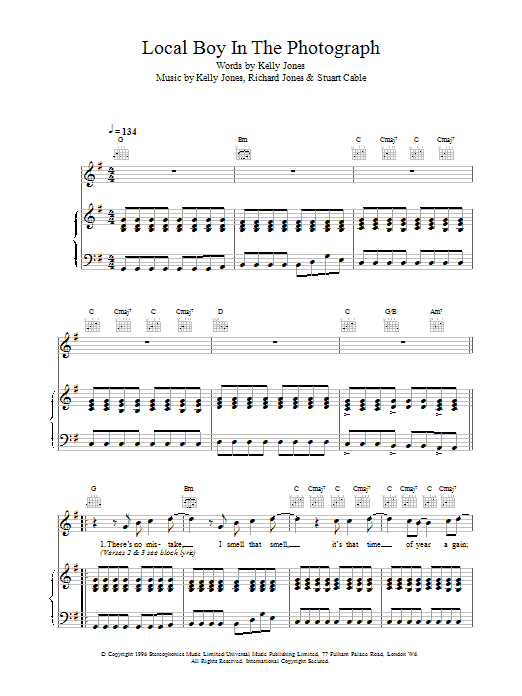 Stereophonics Local Boy In The Photograph sheet music preview music notes and score for Piano, Vocal & Guitar including 6 page(s)