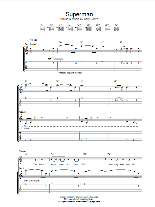 Stereophonics Superman sheet music preview music notes and score for Guitar Tab including 8 page(s)