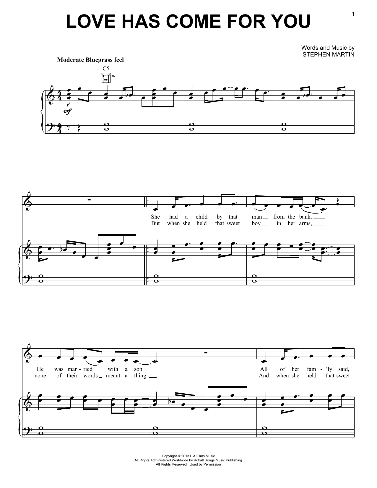 Steve Martin & Edie Brickell Love Has Come For You sheet music, chords, lyrics - Printable PDF for Piano, Vocal & Guitar (Right-Hand Melody)