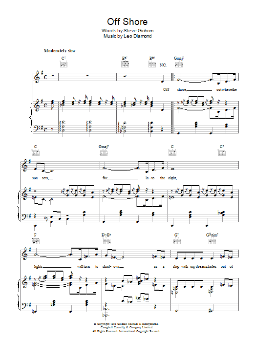 Learn to play Steve Graham Off Shore sheet music for Piano, Vocal & Guitar (Right-Hand Melody) in minutes. Steve Graham Off Shore sheet music preview music notes and score for Piano, Vocal & Guitar (Right-Hand Melody) including 4 page(s)