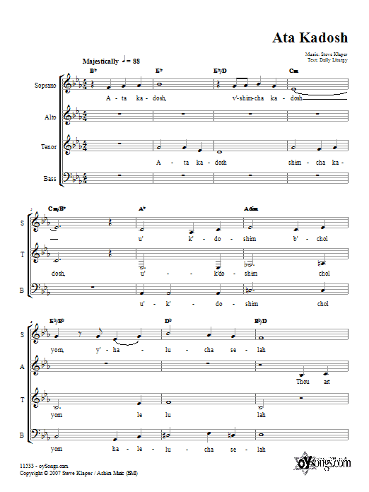 Learn to play Steve Klaper Ata Kadosh sheet music for SATB in minutes. Steve Klaper Ata Kadosh sheet music preview music notes and score for SATB including 4 page(s)
