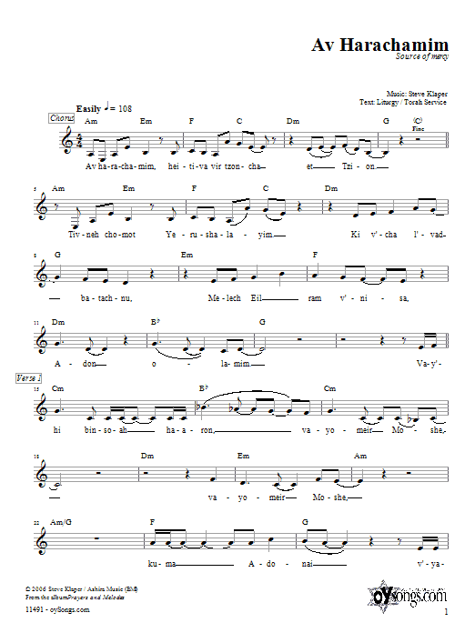Learn to play Steve Klaper Av Harachamim sheet music for Melody Line, Lyrics & Chords in minutes. Steve Klaper Av Harachamim sheet music preview music notes and score for Melody Line, Lyrics & Chords including 3 page(s)