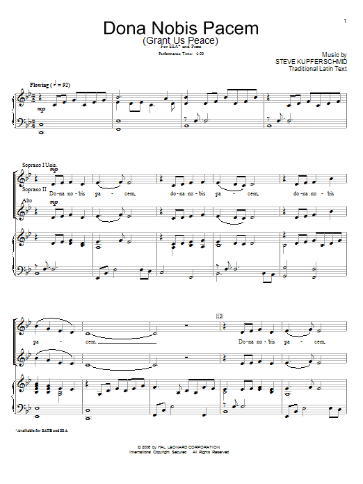 Learn to play Steve Kupferschmid Dona Nobis Pacem sheet music for Choral in minutes. Steve Kupferschmid Dona Nobis Pacem sheet music preview music notes and score for Choral including 6 page(s)