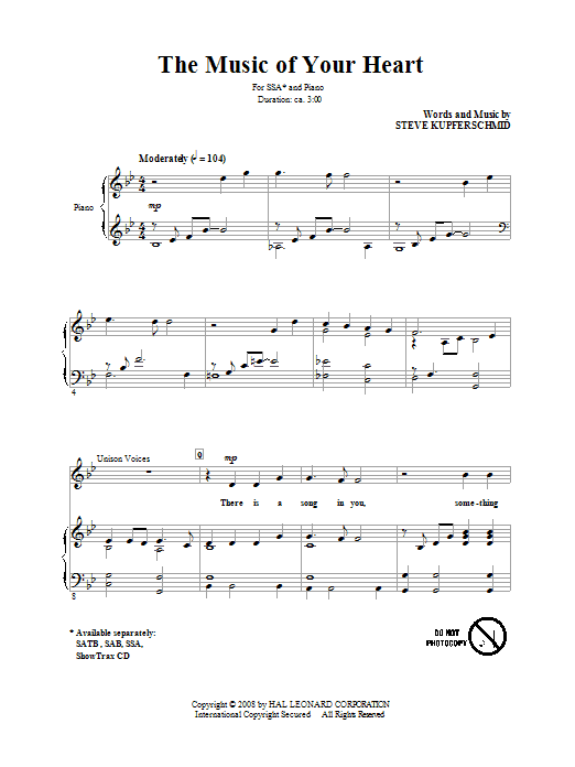 Learn to play Steve Kupferschmid The Music Of Your Heart sheet music for SATB in minutes. Steve Kupferschmid The Music Of Your Heart sheet music preview music notes and score for SATB including 7 page(s)