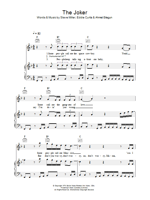 Learn to play The Steve Miller Band The Joker sheet music for Piano, Vocal & Guitar (Right-Hand Melody) in minutes. The Steve Miller Band The Joker sheet music preview music notes and score for Piano, Vocal & Guitar (Right-Hand Melody) including 3 page(s)