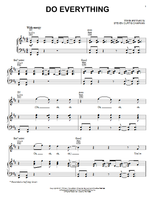 Learn to play Steven Curtis Chapman Do Everything sheet music for Piano, Vocal & Guitar (Right-Hand Melody) in minutes. Steven Curtis Chapman Do Everything sheet music preview music notes and score for Piano, Vocal & Guitar (Right-Hand Melody) including 10 page(s)