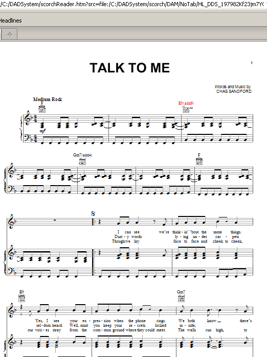 Learn to play Stevie Nicks Talk To Me sheet music for Piano, Vocal & Guitar (Right-Hand Melody) in minutes. Stevie Nicks Talk To Me sheet music preview music notes and score for Piano, Vocal & Guitar (Right-Hand Melody) including 4 page(s)