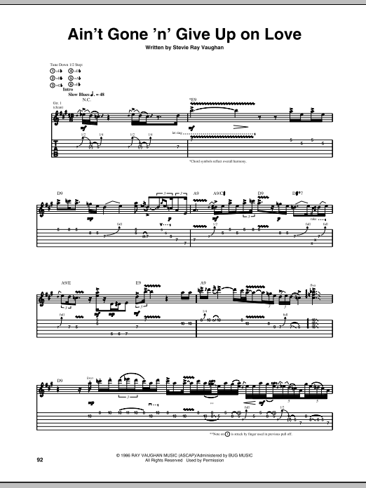 Learn to play Stevie Ray Vaughan Ain't Gone 'n' Give Up On Love sheet music for Guitar Tab in minutes. Stevie Ray Vaughan Ain't Gone 'n' Give Up On Love sheet music preview music notes and score for Guitar Tab including 12 page(s)