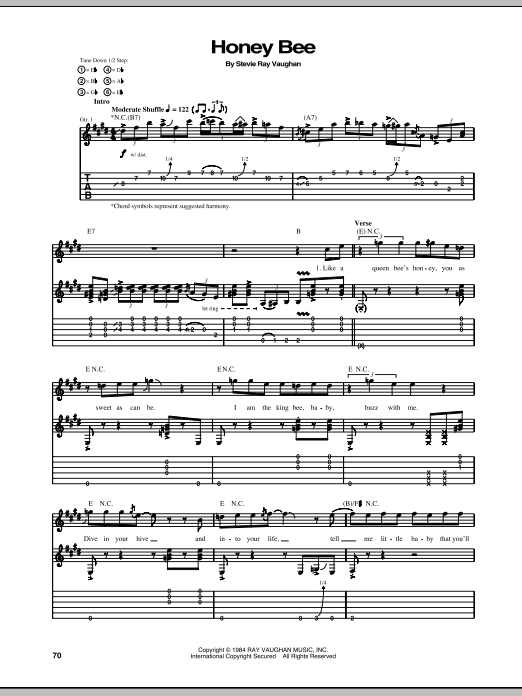 Stevie Ray Vaughan Honey Bee sheet music preview music notes and score for Guitar Tab including 6 page(s)
