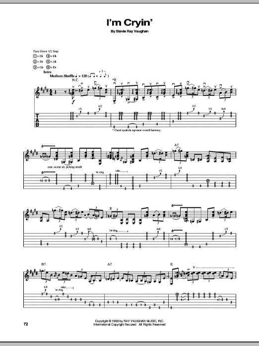Stevie Ray Vaughan I'm Cryin' sheet music preview music notes and score for Guitar Tab including 9 page(s)
