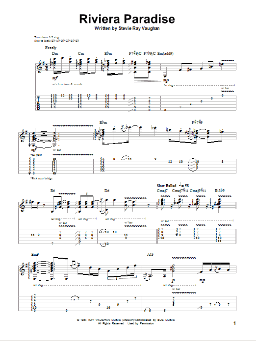 Stevie Ray Vaughan Riviera Paradise sheet music preview music notes and score for Guitar Tab including 12 page(s)