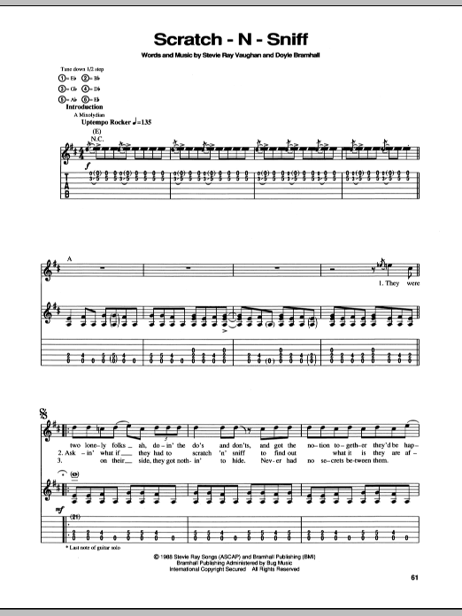 Learn to play Stevie Ray Vaughan Scratch-N-Sniff sheet music for Guitar Tab in minutes. Stevie Ray Vaughan Scratch-N-Sniff sheet music preview music notes and score for Guitar Tab including 6 page(s)