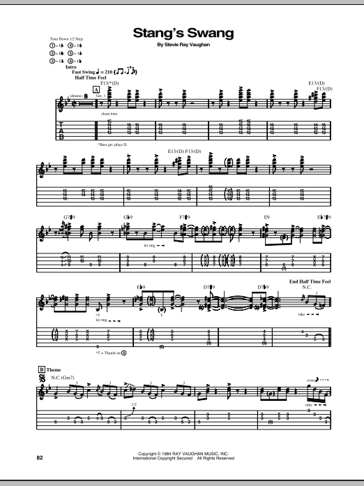 Stevie Ray Vaughan Stang's Swang sheet music preview music notes and score for Guitar Tab including 5 page(s)